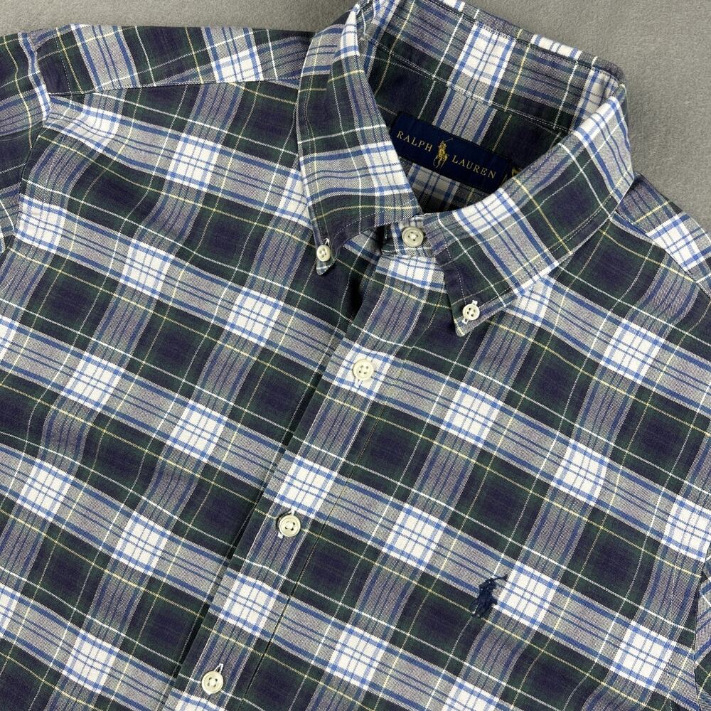 Polo Ralph Lauren Button Down Mens Medium Green Blue White Plaid Long Sleeve